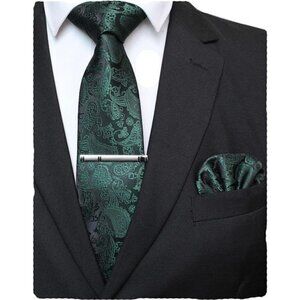 Mens Solid Color Paisley Necktie and Pocket Square with Tie Clip Sets